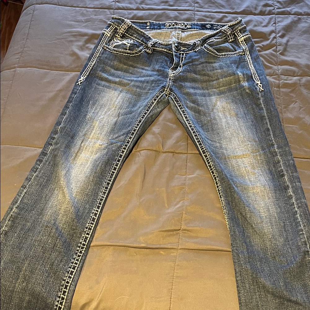 Rock Revival Faded Blue Jeans with White Stitching